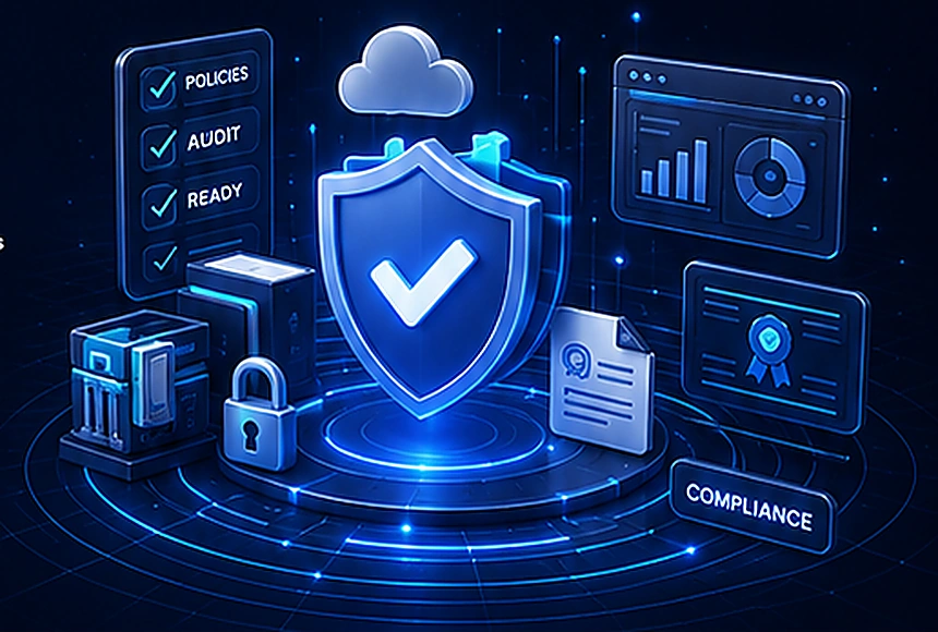 Governance and compliance shield with audit controls