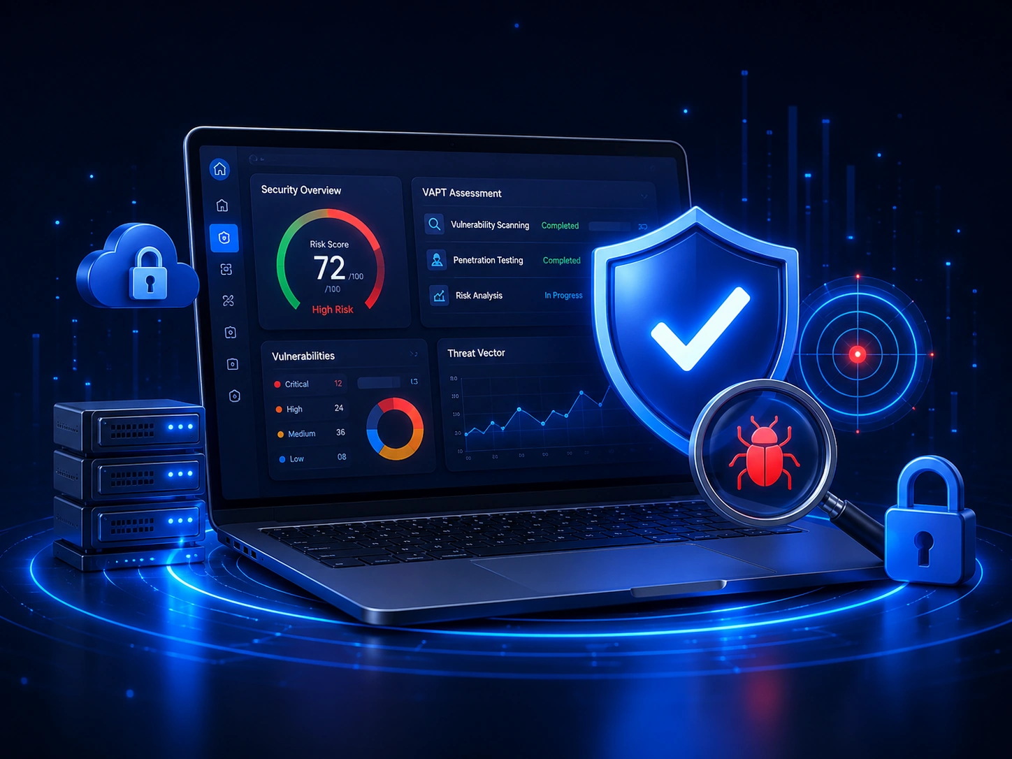 VAPT dashboard with vulnerability testing and risk score